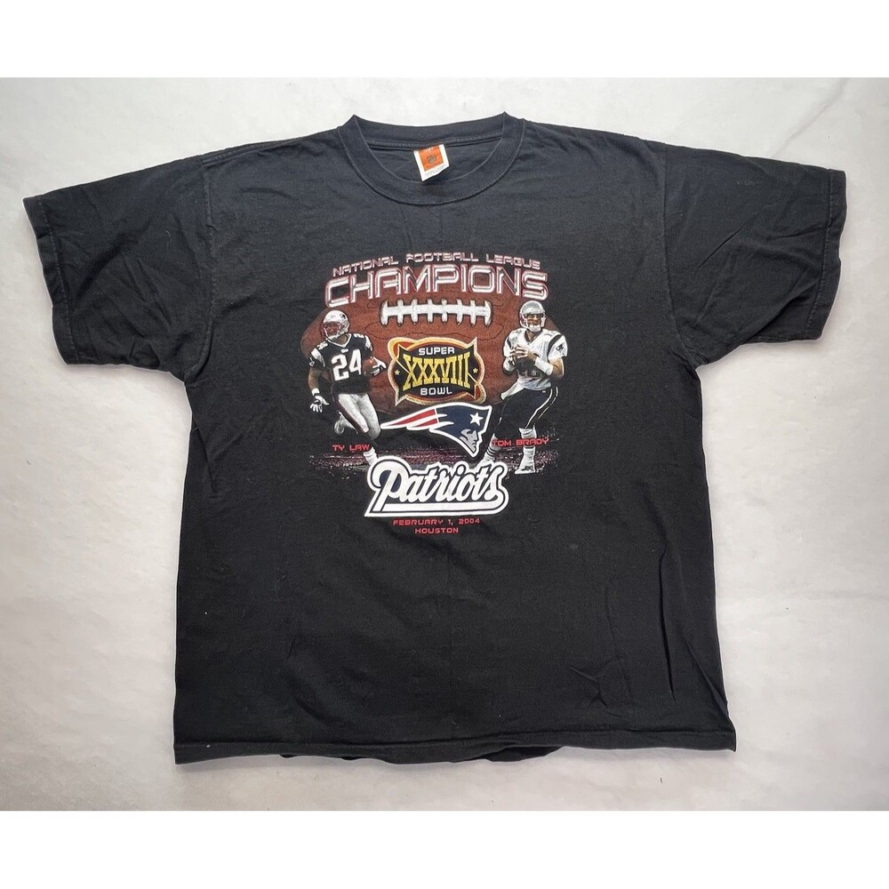 vtg 2004 NEW ENGLAND PATRIOTS SUPER BOWL XXXVIII TY LAW TOM BRADY T-Shirt 2XL